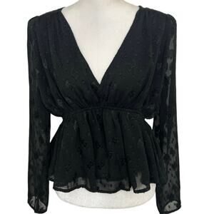Entro Black Flocked Burnout Chiffon Peplum Babydoll  V-Neck Long Sleeve M